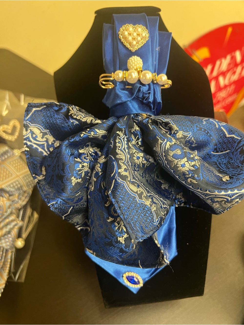 Elegant Blue Silk Brooch Scarf with Pearl Accent